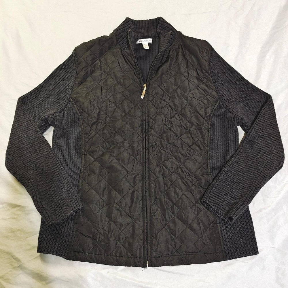 Croft & Barrow Womens Black Quilted Full Zip Knit Sleeve Jacket Petite XL PXL
